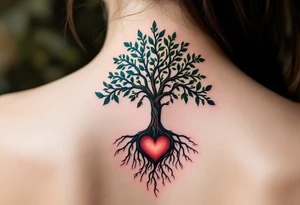 A tree of life in earthy greens and browns with roots shaped like one big heart honors the grounding strength of motherhood. tattoo idea
