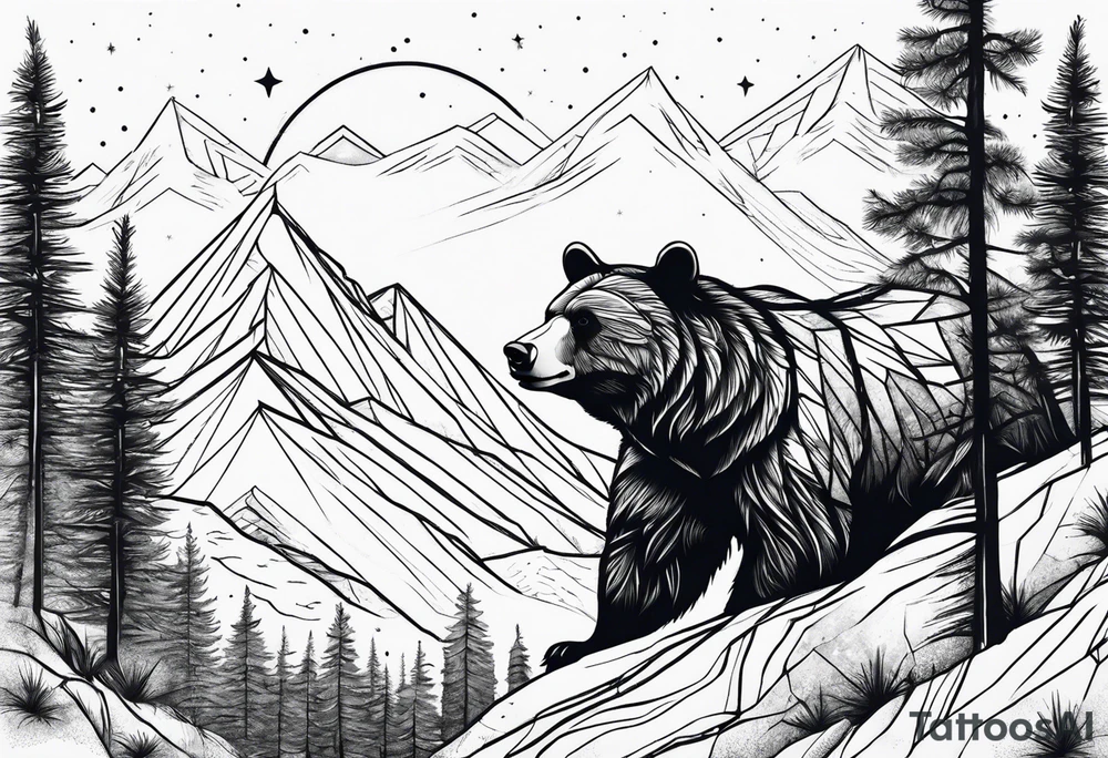 Mountains, travel, adventure, trees, bear, stars tattoo idea