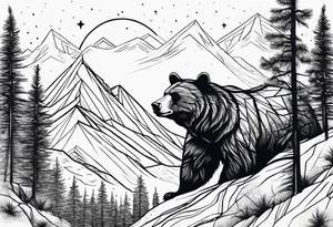 Mountains, travel, adventure, trees, bear, stars tattoo idea