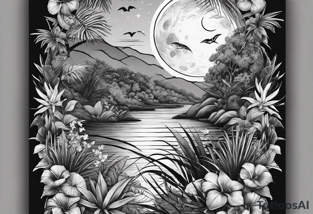 full sleeve tattoo with jungle plants, ocean, moon, stars, tattoo idea