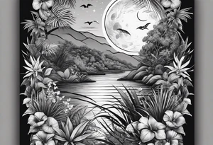 full sleeve tattoo with jungle plants, ocean, moon, stars, tattoo idea