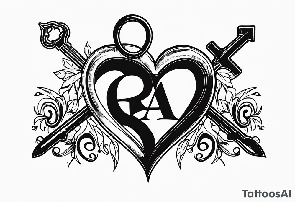 heart shaped antique key with the two teeth being the alphabetical letter RA tattoo idea