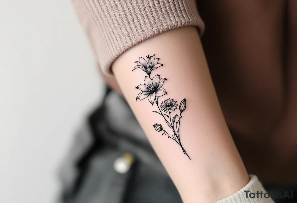 Dainty Stargazer lillies with small sunflowers and tulip buds in a dainty wildflower bouquet with stems tattoo idea