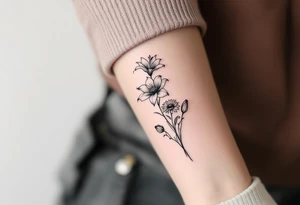 Dainty Stargazer lillies with small sunflowers and tulip buds in a dainty wildflower bouquet with stems tattoo idea
