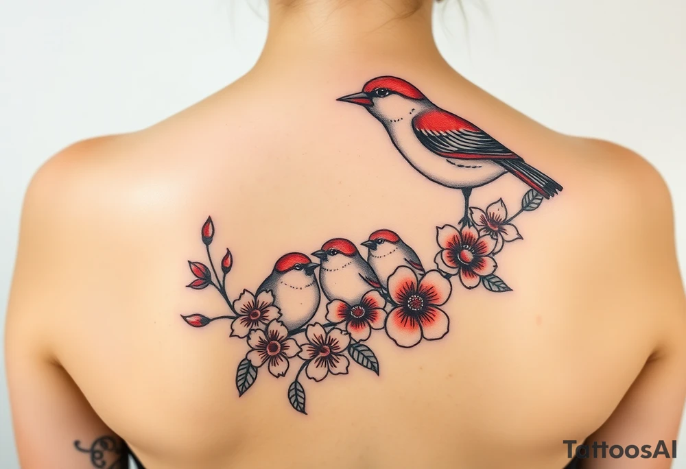Mom bird and three baby birds with flowers tattoo idea