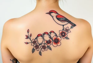 Mom bird and three baby birds with flowers tattoo idea
