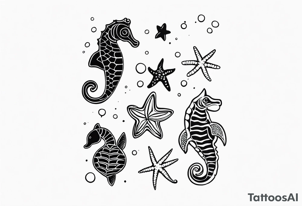 Small Starfish, Seahorse and turtle in a vertical line with bubbles tattoo idea Small Starfish, Seahorse and turtle in a vertical line with bubbles tattoo idea