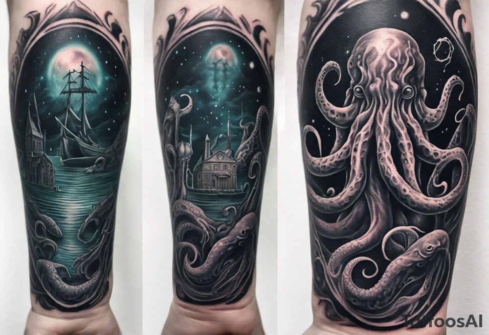 The tattoo features a cosmic and mysterious scene inspired by Lovecraft's works. At the center of the forearm, envision a detailed Lovecraftian creature surrounded by an eerie atmosphere. Tentacles extend down, wrapping around the wrist and ascending along the hand. Dark shading adds depth, and iconic Lovecraftian symbols or runes could intertwine with the creature. Consult with a professional tattoo artist to tailor the design to your preferences and ensure it fits well on your forearm and hand. tattoo idea