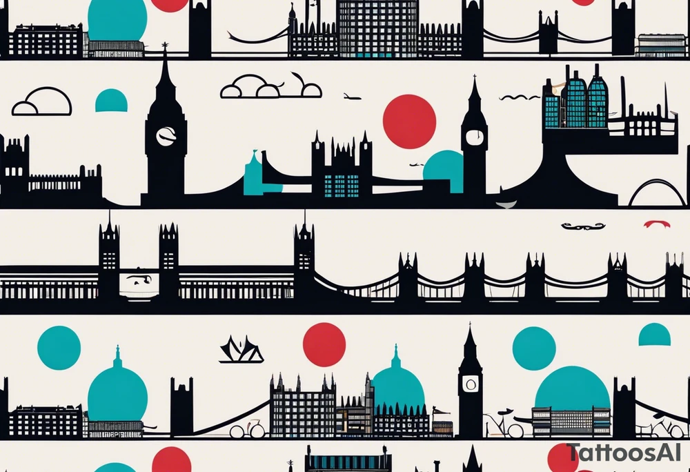 A minimalistic, abstract design capturing the architectural essence and vibe of London. Key elements of London’s skyline and structure are hinted at with clean lines, and subtle detailing includes personal touches, like a nod to Feid’s signature look (hat, glasses, mustache), integrated discreetly to honor a memorable concert experience. The tattoo combines the city’s character with personal symbolism. tattoo idea