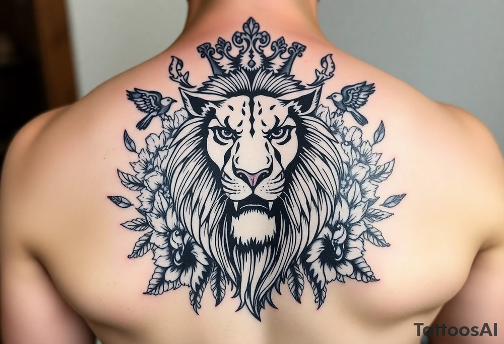 stencil of powerful majestic lion with a crown, surrounded by floral ornaments and birds tattoo idea