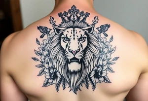 stencil of powerful majestic lion with a crown, surrounded by floral ornaments and birds tattoo idea