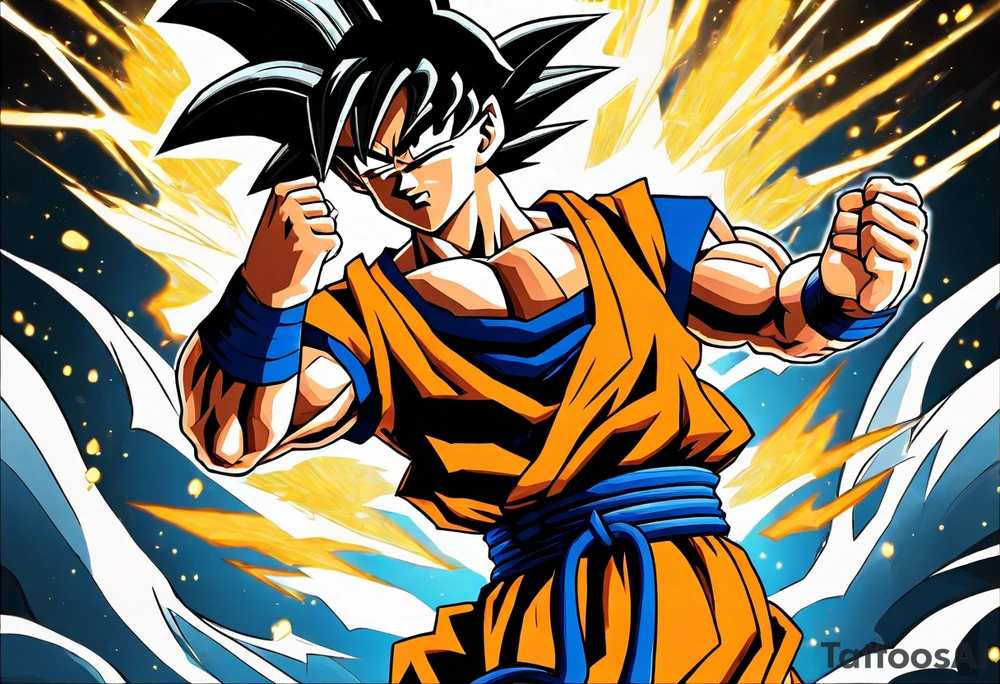 paint son goku as a super saiyajin 2, doing a kamehameha. sourround him by his friends and his family. all of them are displayed as a papercut tattoo idea