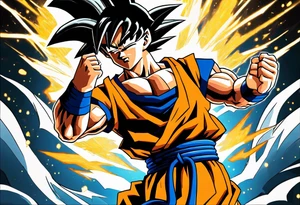 paint son goku as a super saiyajin 2, doing a kamehameha. sourround him by his friends and his family. all of them are displayed as a papercut tattoo idea