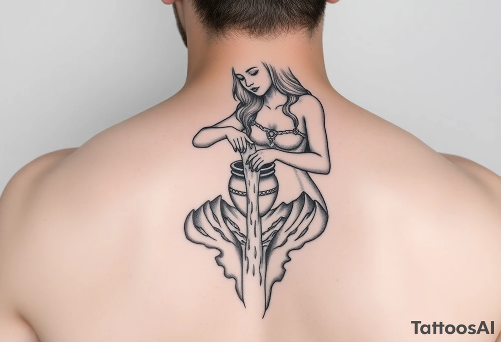 Beautiful female water bearer pouring an urn of water that flows into the Colorado mountain range tattoo idea