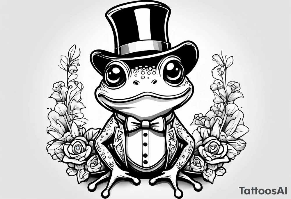 Cute Frog standing upright  in a top hat holding flowers to go on a date tattoo idea