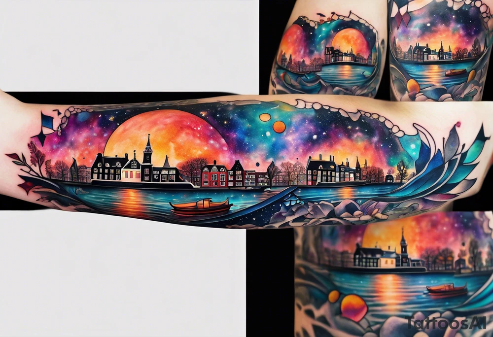 tattoo of glass animals in Amsterdam canal featuring colours of galaxies and the universe tattoo idea