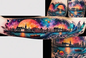 tattoo of glass animals in Amsterdam canal featuring colours of galaxies and the universe tattoo idea
