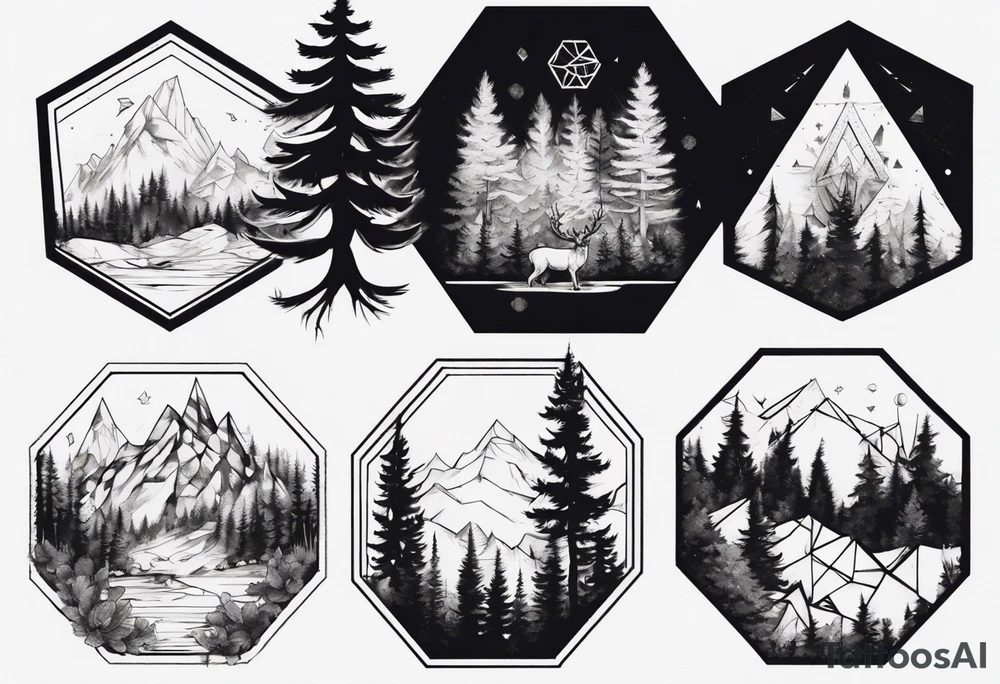 A hexagon with a coniferous forest extending beyond the boundary of the figure tattoo idea