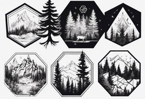 A hexagon with a coniferous forest extending beyond the boundary of the figure tattoo idea