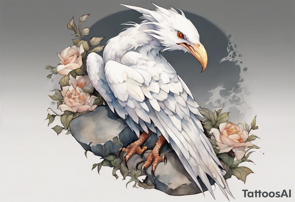 a white bird-wyvern hybrid wearing a plain iron bracelet around leg, perched on a stone tattoo idea
