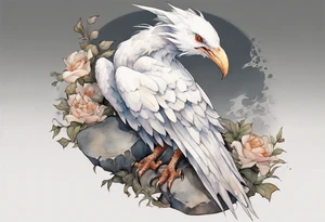 a white bird-wyvern hybrid wearing a plain iron bracelet around leg, perched on a stone tattoo idea
