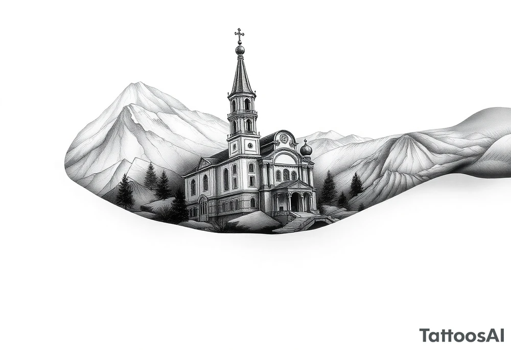 russian orthodox christian left arm tattoo with st basils cathederal in a mountainous setting tattoo idea