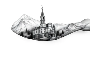 russian orthodox christian left arm tattoo with st basils cathederal in a mountainous setting tattoo idea