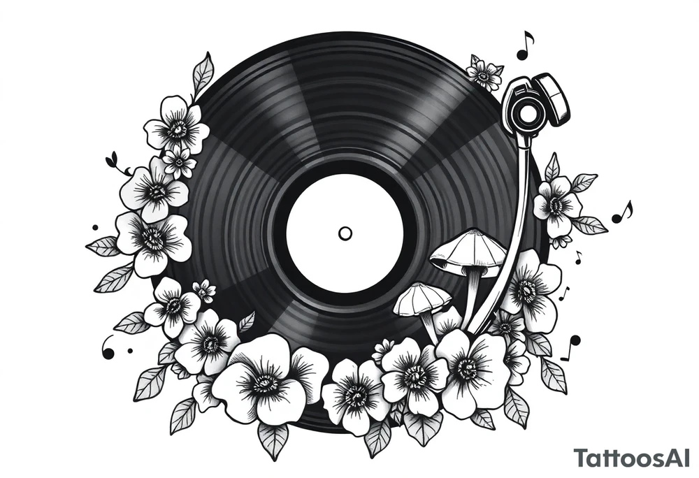 vinyl record player surrounded by flowers, mushrooms, and music notes tattoo idea