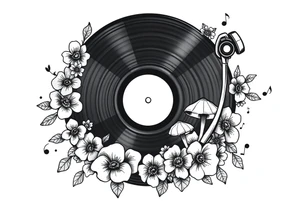 vinyl record player surrounded by flowers, mushrooms, and music notes tattoo idea