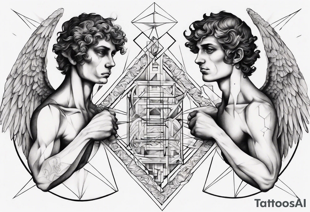 Two angels as brothers portrayed as geometric code tattoo idea
