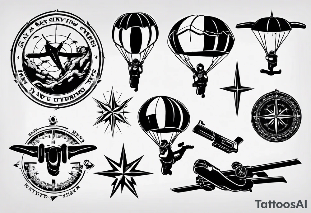 skydiving, shooting guns, compass, adventure tattoo idea