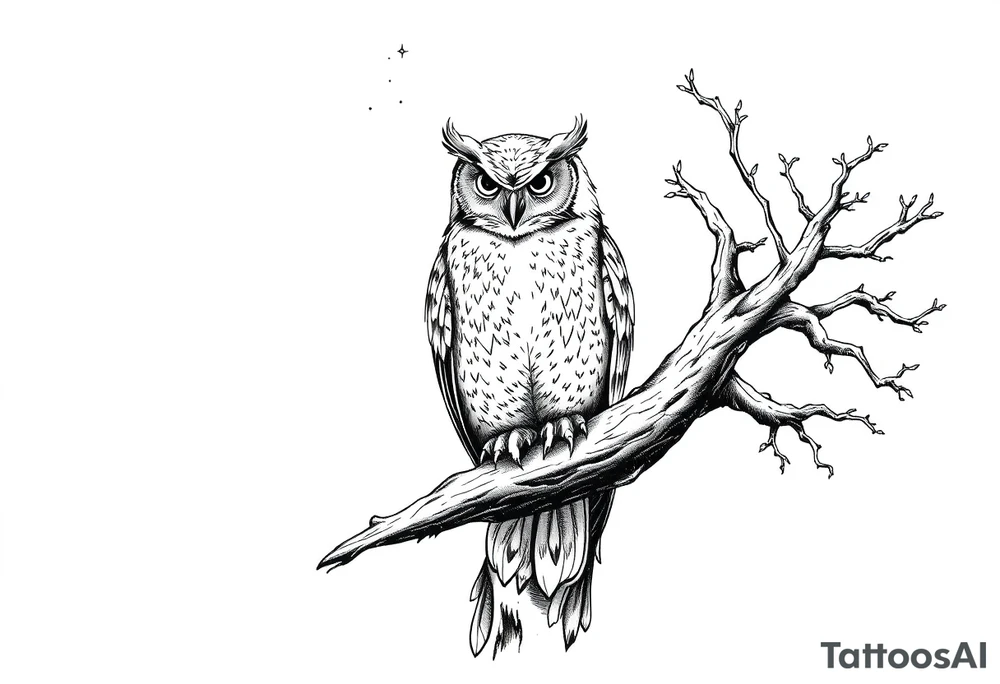 wise owl perched on ancient oak branch under starlit sky tattoo idea