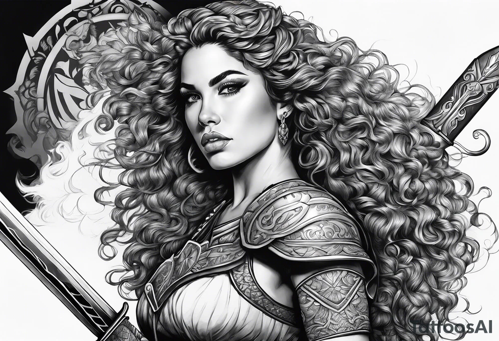 Spanish woman valkyrie curly hair half with sword sleeve arm tattoo idea