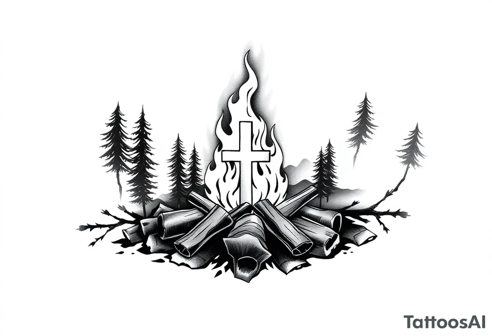 Campfire with cross hidden well in the flames include the great outdoors and night sky make sure cross doesn't look like it is on fire tattoo idea