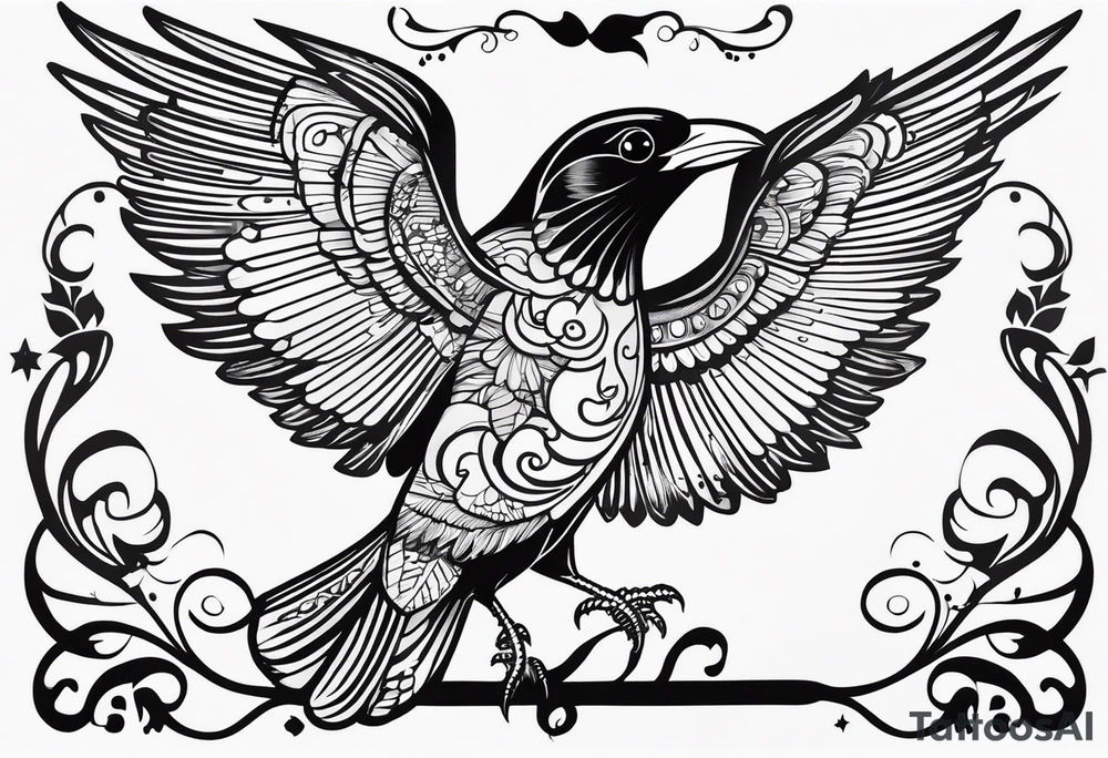 Corbeau en position de vol, avec le nom d'Emma au dessus del ailes tattoo idea