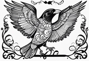 Corbeau en position de vol, avec le nom d'Emma au dessus del ailes tattoo idea
