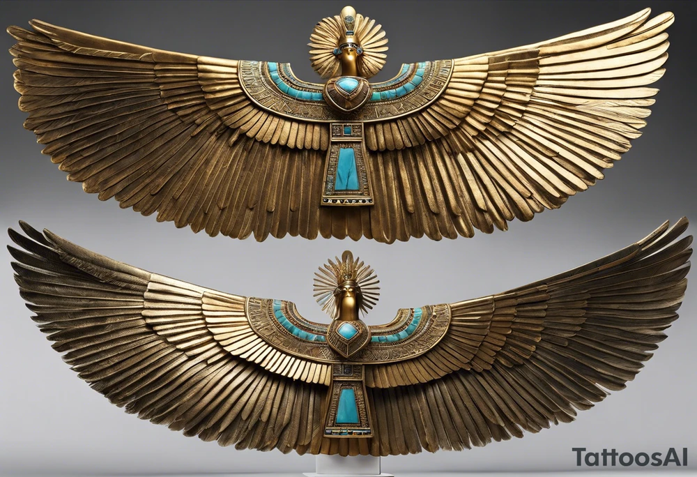 Wings: The figure has huge, extended wings that are decorated with feathers. The curve of the wings is elegant and symmetrical.

Headdress: On his head is a special headdress that resembles an Egyptian-style crown.

Clothing: The figure wears elaborate clothing decorated with geometric patterns, which refers to the characteristics of Egyptian art.

Position: The deity is depicted in a seated position with legs bent and hands resting on the outer parts of the wings as if supporting the wings with outstretched arms. tattoo idea