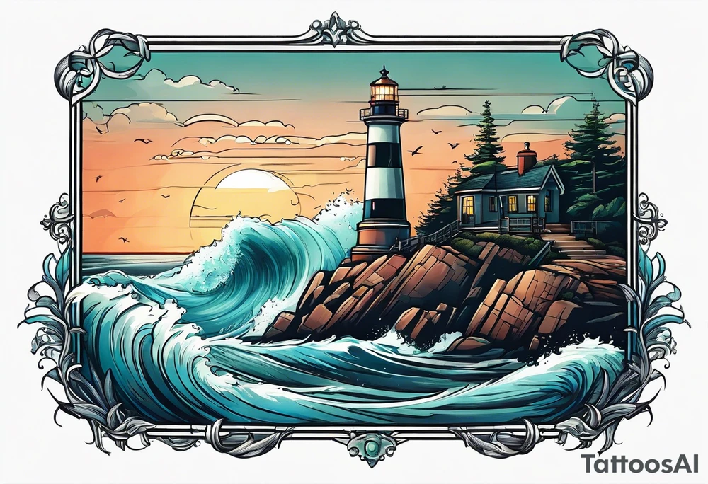 lighthouse at the ocean, a bit realistic  framed, minimalistic tattoo idea