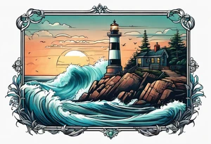 lighthouse at the ocean, a bit realistic  framed, minimalistic tattoo idea
