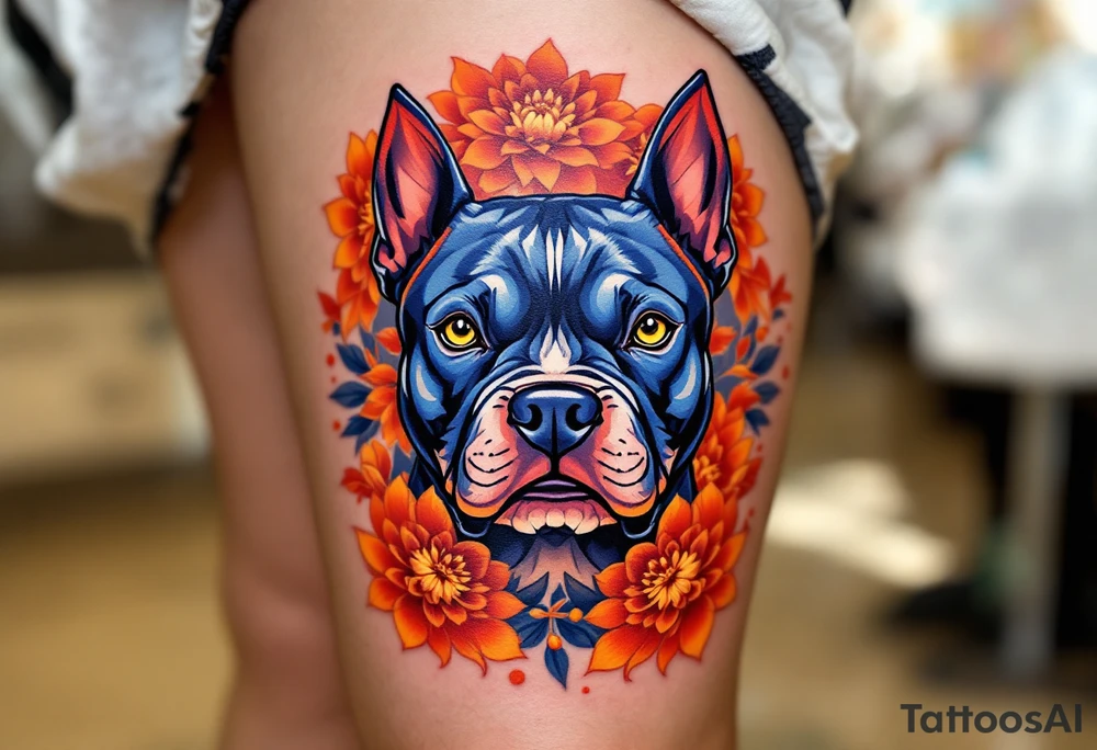 Neo-Traditional Staffordshire Bull Terrier – Bold and colorful with exaggerated features: blue-gray coat, golden eyes, and a background of stylized orange chrysanthemums. tattoo idea