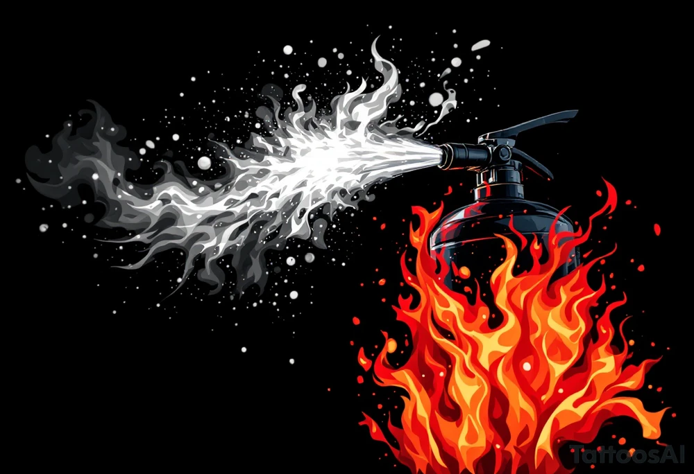 A fire extinguisher spraying a burst of flames, white mist and blazing reds and oranges. tattoo idea