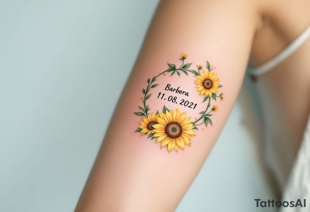 Barbora 11. 08. 2021) – Soft yellow sunflowers blooming around Barbora’s birthdate, with green vines and a light blue sky background. tattoo idea