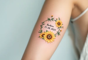 Barbora 11. 08. 2021) – Soft yellow sunflowers blooming around Barbora’s birthdate, with green vines and a light blue sky background. tattoo idea