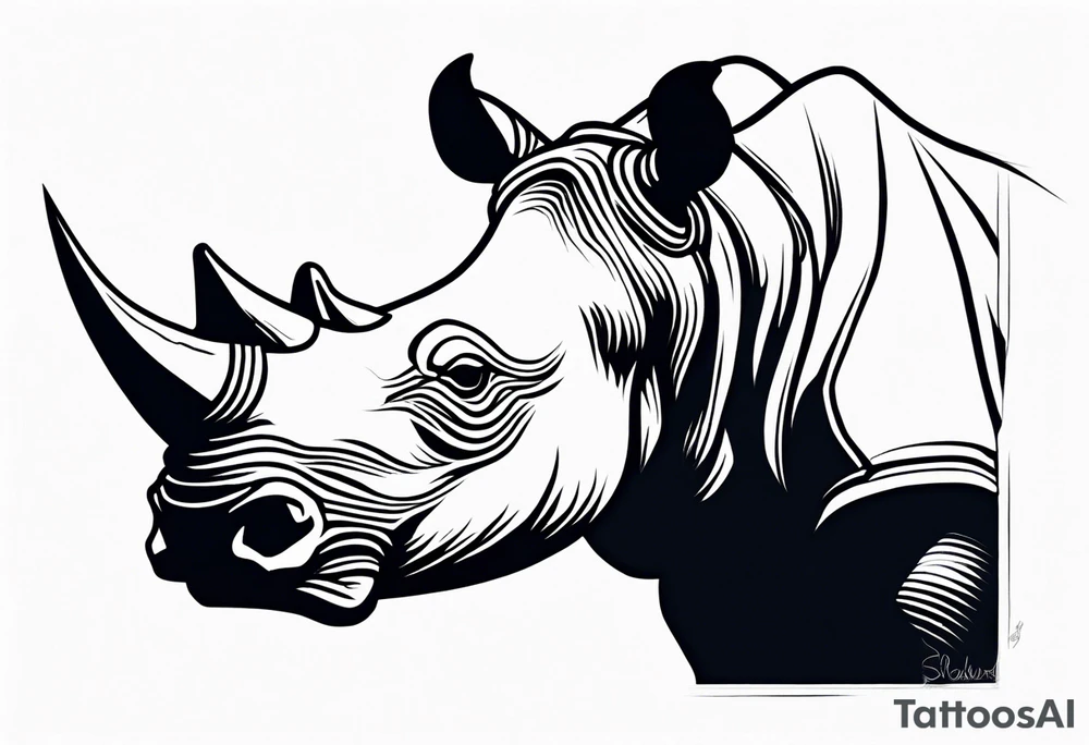 A front-facing rhino head with a sharp elongated tusk that is angry and fierce. Ears pointed straight up and forward a bit. Eyes that pierce your soul. A snarling jowel tattoo idea