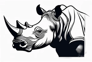 A front-facing rhino head with a sharp elongated tusk that is angry and fierce. Ears pointed straight up and forward a bit. Eyes that pierce your soul. A snarling jowel tattoo idea