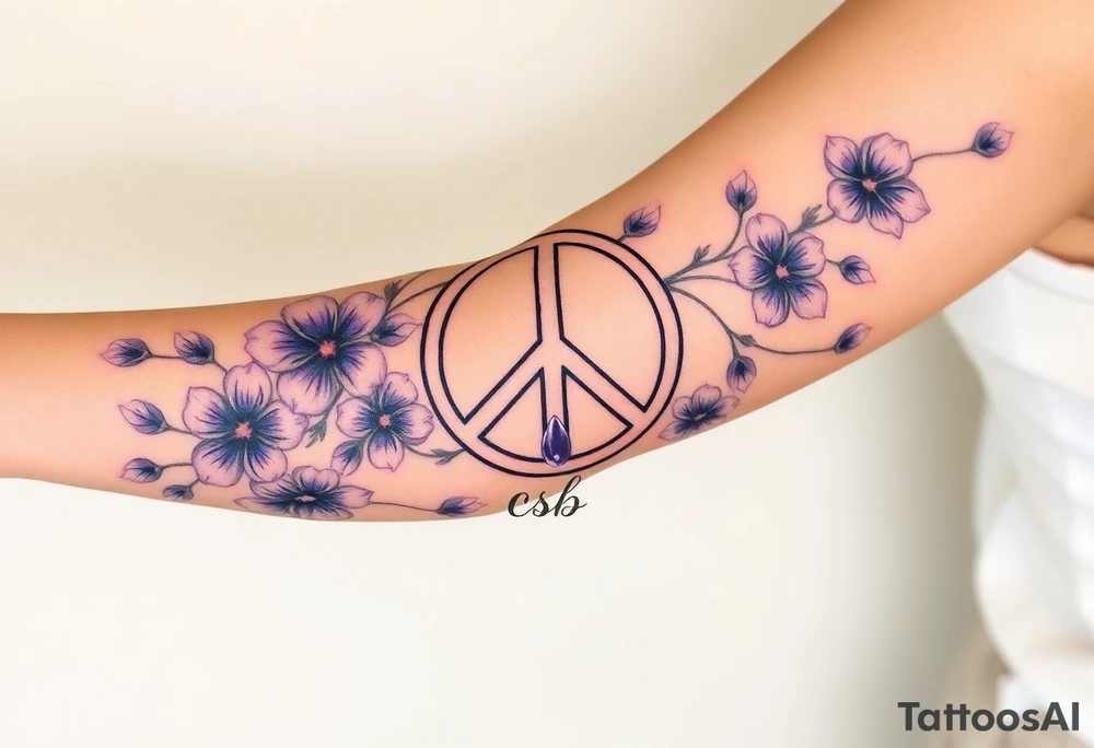 peace symbol intertwined with violets Pisces symbol, dog prints, amethyst, initials csb in cursive font tattoo idea