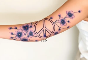peace symbol intertwined with violets Pisces symbol, dog prints, amethyst, initials csb in cursive font tattoo idea