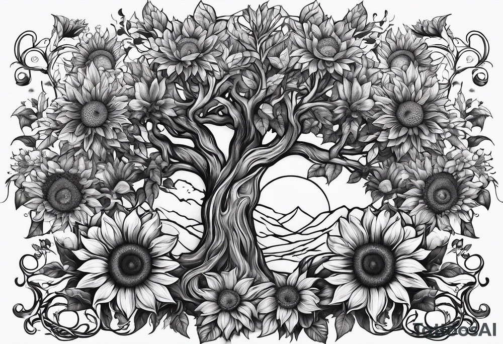Feminine Yggdrasil tree and sunflowers tattoo idea