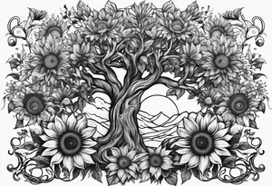Feminine Yggdrasil tree and sunflowers tattoo idea