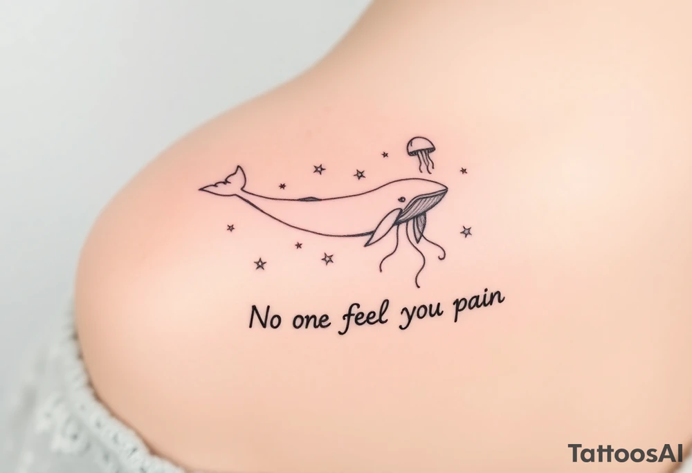 52hz Whale and jellyfish among the stars with the words No one can feel your pain 5x5 size tattoo idea